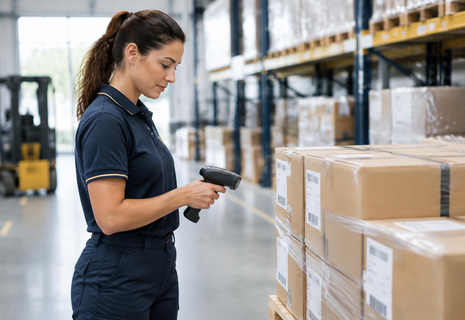Logistics team member scanning labelled parcels in a warehouse